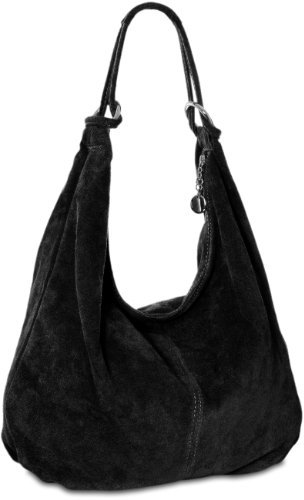 Caspar Große Damen Vintage Veloursleder Tasche Samtweiche Schultertasche aus Leder - CLASSIC LINE - Modell No.617 - Made in Italy, Farbe:schwarz