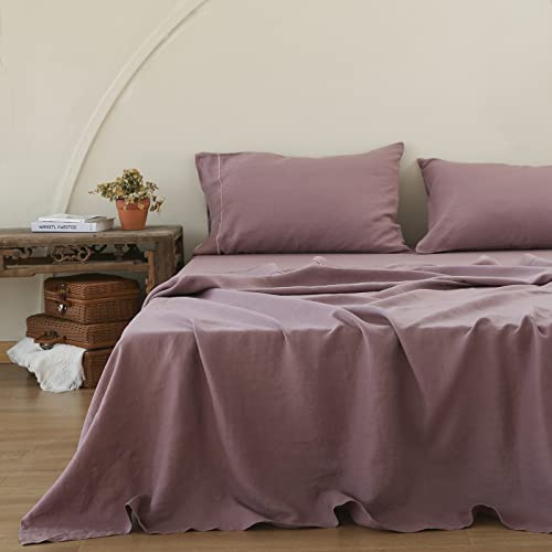 Simple&Opulence 100% Pure Linen Sheet Set Queen Size, Natural French Flax Solid Color 4 Pcs Washed Breathable, Farmhouse Bedding (1 Flat Sheet,1 Fitted Sheet,2 Pillowcases)-Embroidery Purple