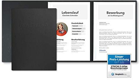 10 Stück 3-teilige Bewerbungsmappen Schwarz mit 2 Klemmschienen in feinster Lederstruktur - hochwertige Prägung ''BEWERBUNG'' - direkt vom Hersteller STRATAG