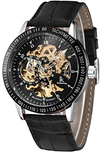 Alienwork IK Montre Automatique Homme Femme Noir Bracelet en Cuir Squelette