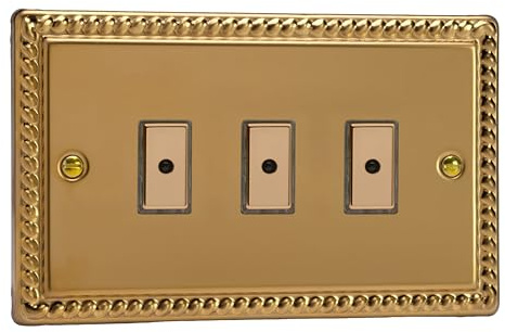 Varilight Triple V-Pro Multi-Point LED Dimmer 3 x 0-100W - Classic Georgian Brass With Polished Brass Buttons