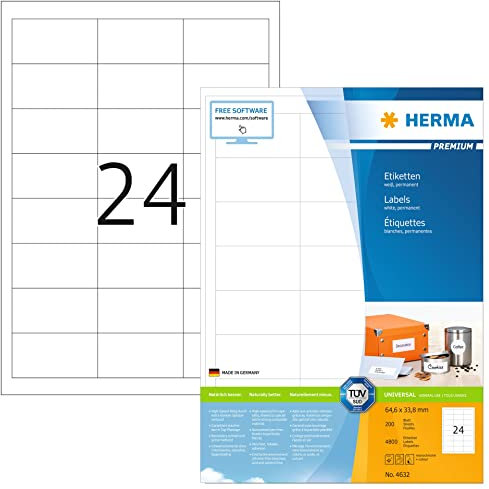 HERMA 4632 Adressetiketten, 200 Blatt, 64,6 x 33,8 mm, 24 pro A4 Bogen, 4800 Stück, selbstklebend, bedruckbar, matt, blanko Papier Adressaufkleber Etiketten, weiß