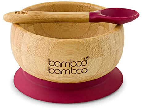 bamboo bamboo ® Set med babyskålar med sugfunktion och sked, 350 ml, körsbär – avtagbar sugbotten – BPA-fri avvänjningsskål i naturlig bambu för matning utan spill