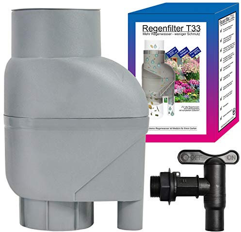 Regensammler Regenfass Regenfilter T33 mit Wasserhahn Regentonne Füllautomat m. Laubabweiser grau, Regen Sammler 0,2mm- f. Regentonne, Regentank, Regenspeicher, Fallrohrfilter ersetzt Regenklappe