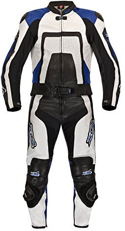 XLS, tvådelad motorcykel läderdräkt blå kol, svart, vit, blå