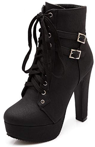 Susanny Women Autumn Round Toe Lace Up Ankle Buckle Chunky Drag High Heel Platform Knight Black Boots 7