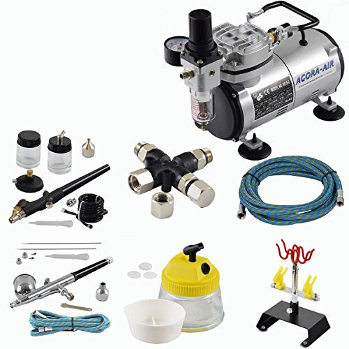 Agora-Tec® Airbrush Set EXPERT XII.1 mit Kompressor 4 bar/20 l/min + 2 Pistolen inkl. Nadeln/Düsen 0,2/0,3/0,5/0,8 mm + 3-Fach Luftdruckverteiler + 4-Fach Halter + Clean Pot + 2 Schläuche + Adapter