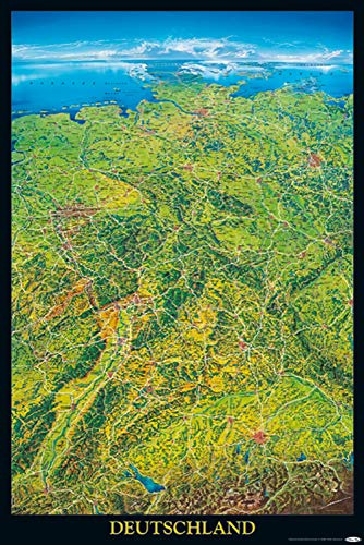 Close Up Deutschland Poster - Geographische Panorama-Karte der Bundesrepublik Deutschland - 61 x 91,5 cm + 2 St. Schwarze Posterleisten mit Aufhängung