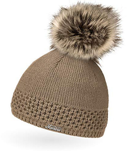 Neverless® Damen Strickmütze mit Stickmuster-Mix Feinstrickmütze gefüttert Fleecefutter mit Bommel aus Fake Fur Wintermütze Braun Unisize