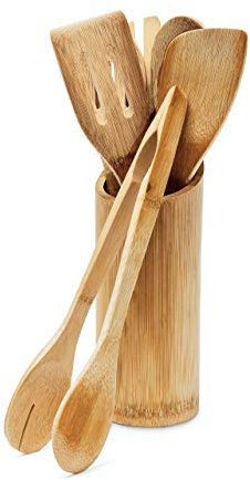 Relaxdays Set Accessori da Cucina, 6 Mestoli in bambù, Portamestoli, Cucchiai, Pinza, Paletta, Forchetta, Marrone Chiaro, Legno, H x D: 22.5 x 8.5 cm ca