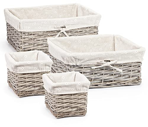 Woodluv Rustic Set of 4 Wicker Gift Hamper Storage Basket, Daisy Printed Lining
