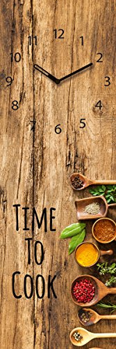 Wanduhr aus Glas für die Küche, Spruch: Time to Cook, Holzoptik mit Löffeln mit Gewürzen, 20x60 cm von Eurographics