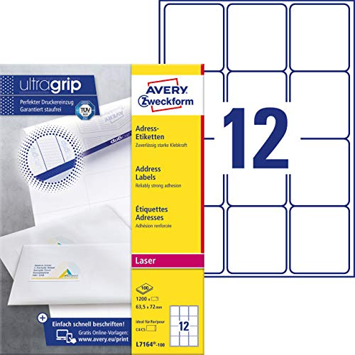 AVERY Zweckform L7164-100 Adressetiketten/Adressaufkleber (1.200 Etiketten mit ultragrip, 63,5x72mm auf A4, bedruckbar, selbstklebend, für DIN C4/C5 Briefkuverts, Papier matt) 100 Blatt, weiß
