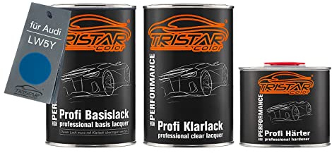 TRISTARcolor Autolack Dosen Set für Audi LW5Y Technoblau Perl 2,5L | Ocen Blue Perl, Set aus Basislack + 2K Klarlack + Härter, Literware, spritzfertig