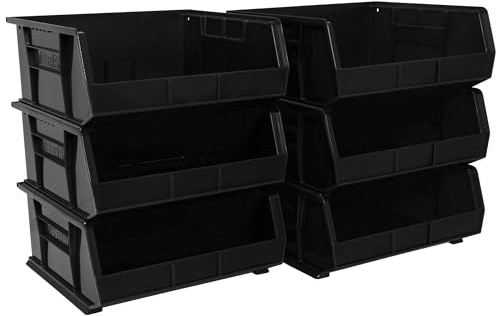 Akro-Mils 30250 AkroBins Plastic Storage Bins, Space-Saving Stackable Bins for Garage, Pantry, Craft Organization, 15 x 16 x 7, Black, 6-Pack