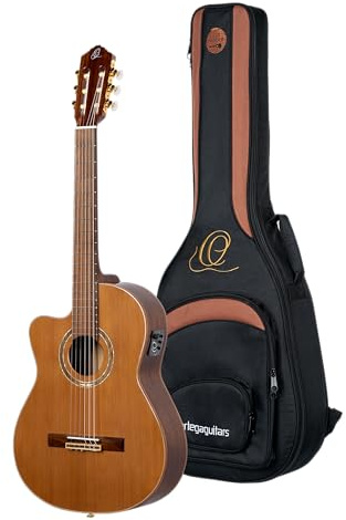 Ortega Guitars Konzert Gitarre Linkshänder – Elektro-Akustisch, 4/4, Medium Neck – Performer Series – Inklusive Gig Bag – Massive Zeder, Walnuss, Hochglanz Natur (RCE159MN-L) | 4/4 Nylonsaitengitarre, massive kanadische Zederndecke und Walnuss-Korpus Hochglanz, Medium neck, inkl. Pro-Gigbag RCE159MN-L