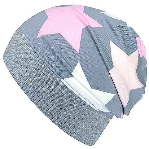Wollhuhn ÖKO Leichte Mädchen/Jungen Beanie-Mütze Bündchen Elastisch Übergangszeit/Sommer Kinder-Mütze Baumwolle (Öko-Stoffe, Bio) (DE/NL/SE/PL, Numerisch, 56, 58, Big Stars Grau/Rosa)