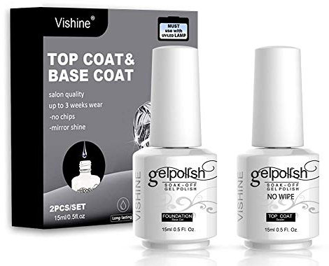 Vishine Duo Base Coat No Wipe Top Vernis Gel Semi-Permanent UV LED Soak Off Vernis à Ongles Gel Nail Polish Set Kit Manucure 15ml 2 Flacons