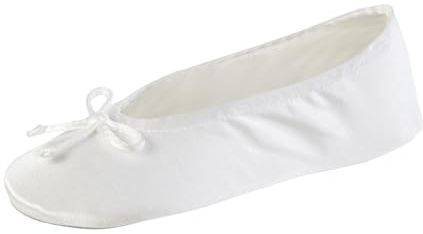 isotoner Women's Classic Stretch Satin Ballerina Slippers with Bow Tie and Leather Sole, White, 9.5-10.5