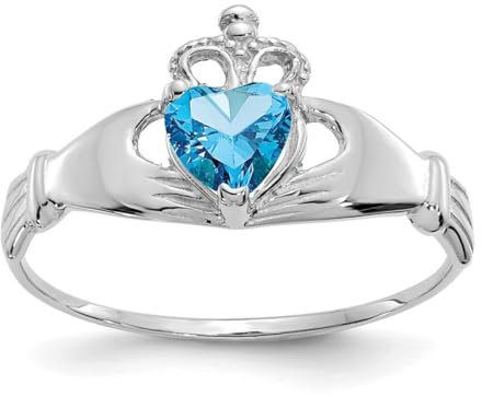 14ct Weißgold Blautopas Zirkonia Geburtsstein Dezember Ring Claddagh Herz - Größe N 1/2 - JewelryWeb