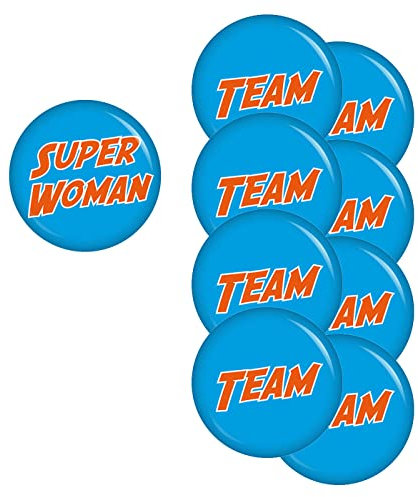 Button Set Superwoman/Team für JGA Junggesellenabschied Junggesellinnenabschied Zubehör Anhänger Anstecker Broschebutton Accessoires (SET 1: 9 Buttons, 9x 37mm)
