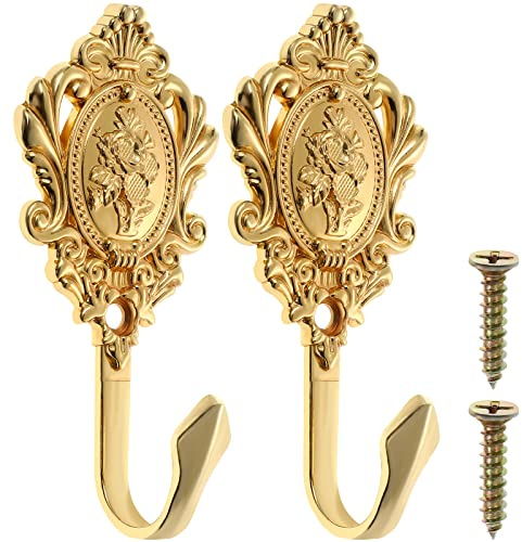 OULII 2-Pack Vintage Drapery Curtain Holdbacks Tieback Hooks Rose Pattern (Golden)