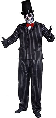 DAY OF THE DEAD COSTUME SUGAR SKULL SKELETON TUXEDO HALLOWEEN FANCY DRESS COSTUME FOR MEN - SUGAR SKULL MASK + PINSTRIPE SUIT WITH RED SATIN BOWTIE + TALL DELUXE BLACK FELT STOVEPIPE TOP HAT BY ILOVEFANCYDRESS® MEXICAN SPANISH SENOR DIA DE LOS MUERTOS (LARGE)