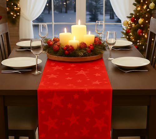 KAMACA Lotus Effekt Läufer Magic Stars mit Sternen Motiv - Fleckschutz Flüssigkeiten perlen einfach ab farb- & formstabil stilvoller Glanz für Advent & Weihnachten (Tischläufer 40x140 cm, Rot)
