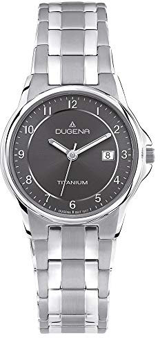 DUGENA Damen-Armbanduhr 4460514 Gent, Quarz, schwarzes Zifferblatt, Titangehäuse, Mineralglas, Titanarmband, Drückerfaltschließe, 5 bar
