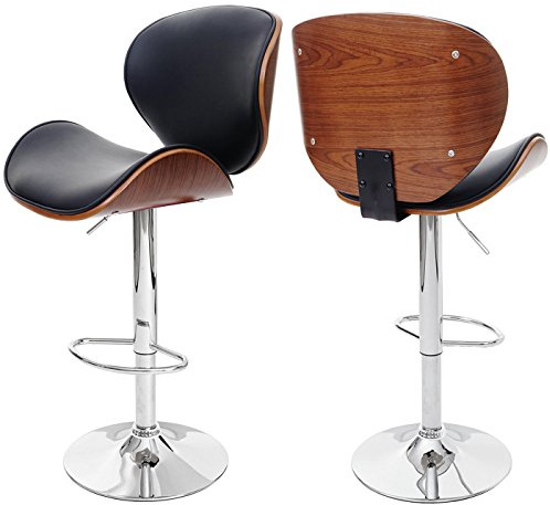 Mendler Barhocker Foxrock - Walnuss-Optik, Kunstleder schwarz | Barstuhl, Holz, Bugholz, Retro-Design