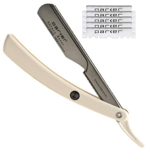 Parker Safety Razor Parker Ptw Lame à Pousser Bord Droit Barbere rasoir avec bras de lame en acier inoxydable et 5 Parker Lames inoxydable Noir