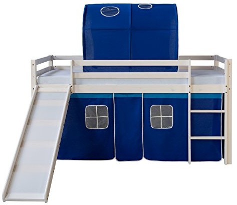 Homestyle4u 1568 Kinderbett 90x200 Weiß - Hochbett mit Rutsche & Leiter | Bettgestell aus Kiefer Massivholz, inkl. blauem Vorhang & Tunnel, Spielbett mit Rausfallschutz für Kinderzimmer