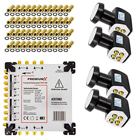 Premium X Multischalter Set 17/8 Multiswitch 4X SkyRevolt Quattro LNB 48x F-Stecker, Satverteiler 4 SAT für 8 Teilnehmer