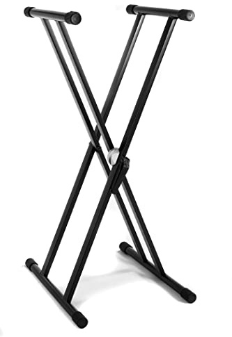GEWA Keyboardständer KS-50B - Easy Gear System - Doppelstrebig - Stahlrohr - Zusammenlegbar - Höhe 70-100 cm - Höhe und Breite verstellbar - Belastbar bis 30 kg - Gewicht 4,2 kg - Schwarz