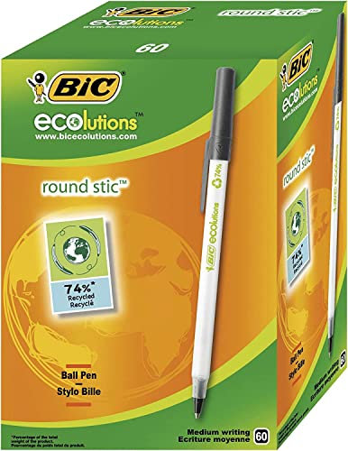 BIC Kugelschreiber ECOlutions Round Stic, in Schwarz, Strichstärke 0,4 mm, 60er Pack, Ideal für das Büro, das Home Office oder die Schule