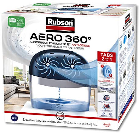 Rubson AERO 360° Absorbeur d'humidité pour pièces de 40 m², déshumidificateur d'air anti odeurs & anti moisissure, inclus 2 recharges neutres de 450 g