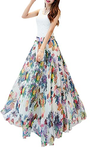 Afibi Women Floral Long Skirts Chiffon Summer Beach High Waisted Maxi Skirts (X-Large, S-123)