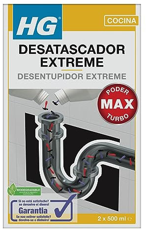 HG Desatascador Extreme para Desagües, Desbloqueador Potente para Fregaderos de Cocina y Baños, Limpiador de Tuberías, Líquido para Desagües y Desatascador de Pelo - 2x 500ml