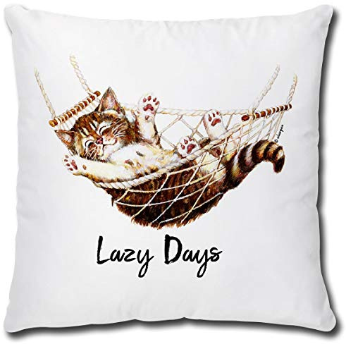 TRIOSK Kissen mit Katze Katzenmotiv Lazy Days Spruch lustig Katzen Geschenk für Katzenliebhaber Frauen Freundin Mädchen Dekokissen 40x40