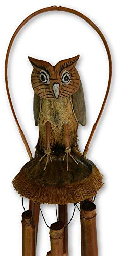 Bamboo Owl Windchime, H115cm x D35cm - Hand-carved Owl Design - Ethically Handmade Garden Chimes - Sustainable Wood - Soothing & Relaxing Sound - Unique Garden Accessories
