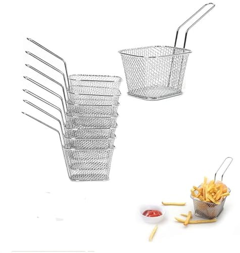 WINHONW 8pcs Mini Square Fry Bakests French Fries Basket 4.1x3.3x2.6Inches Table Serving Frying Chips Baskets, French Fry Holder for Kitchen Restaurant Party Barbecue(Silver)
