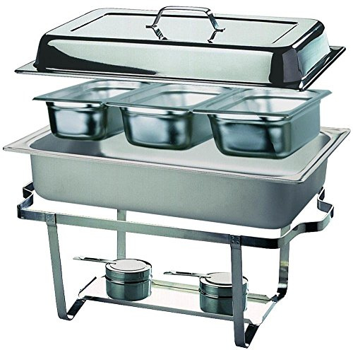 APS 11674 Chafing Dish -TRIO-, 61 x 36cm, H: 29cm Edelstahl, bestehend aus: 1 Gestell mit Deckelhalterung, 1 Wasserbecken 3 Speisebehälter GN 1/3-65 mm