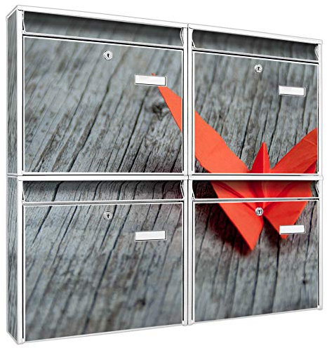 banjado Briefkastenanlage 4 Fach - Postkästen groß - verzinkter Stahl weiß DIN A4 Motiv Schmetterling - Briefkasten Set 4 Briefkästen Namensschild, 2 Schlüssel, Montagematerial