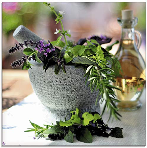 ARTland Wanddeko Glasbilder Wandbild Glas Bild einteilig 40x40 cm Quadratisch Stillleben Kräuter Gewürze Mörser Olivenöl Mediterran T5RH