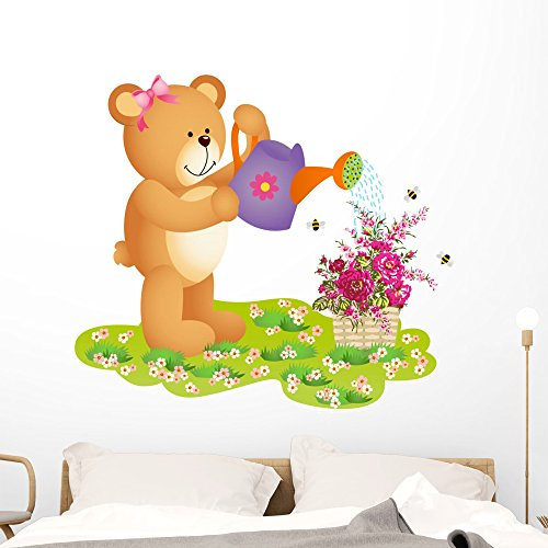 Wallmonkeys Teddy Bear Watering Flowers Wall Decal Peel and Stick Floral Graphic (48 in W x 44 in H) WM264650