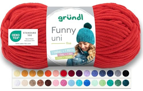 Gründl Wolle Funny uni Chenille Wolle 1 Knäuel 100 g, Kirsche | dicke weiche Chenille Wolle zum Häkeln - Kuschelig und hautfreundlich - 100 % Polyester - 100 g / 120 m - Nadelstärke 5 - 6