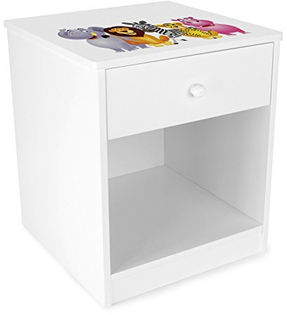 Leomark Nachttisch aus Holz - Animals - Nachtschränkchen mit Schublade, Nachtschrank für Kinder, Weiß Nachtkonsole mit Aufdruck, Höhe: 40 cm