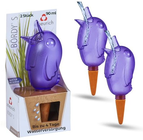 Scheurich Wasserspender S Bördy | 2 x Lila | 90ml Füllmenge | Bewässerungskugel klein mit Ton Fuß | Wasserspender Pflanzen und Blumen Terrakotta Stiel
