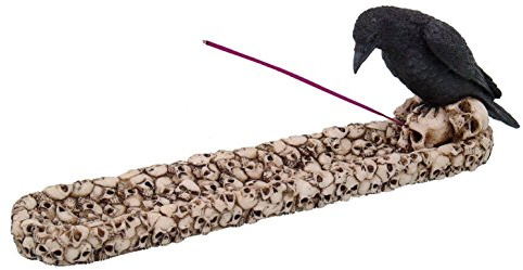 Black Raven Bird Stalking Prey Incense Burner on Skull Mound Statue Figurine