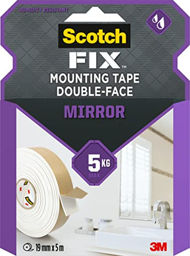 Scotch-Fix dubbelsidig monteringstejp, 19 mm x 5 m – för inomhusbruk, fuktiga områden, för speglar i badrum och kök, fungerar på keramik, plattor, färdigt trä, metall, glas och målade väggar